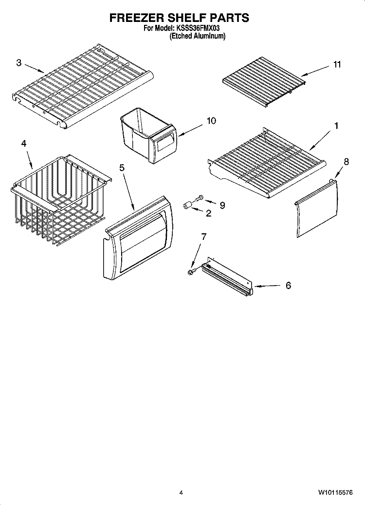 FREEZER SHELF PARTS Diagram and Parts List for KSSS36FMX03  KitchenAid Refrigerator