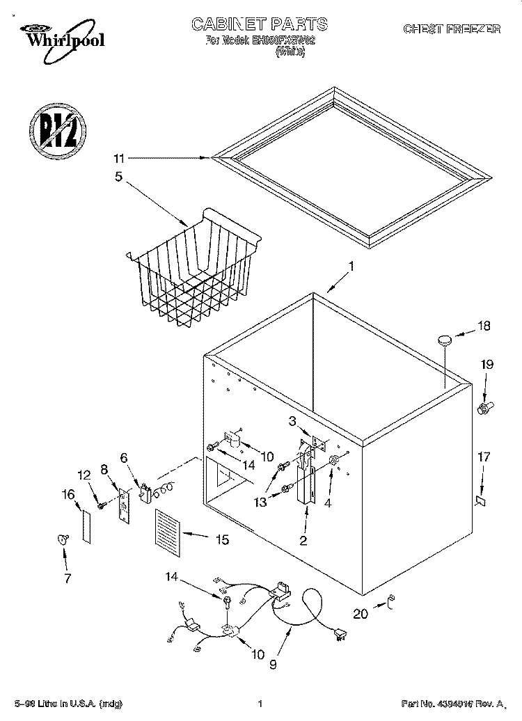 SECTION Diagram and Parts List for EH050FXGW02  Whirlpool Freezer
