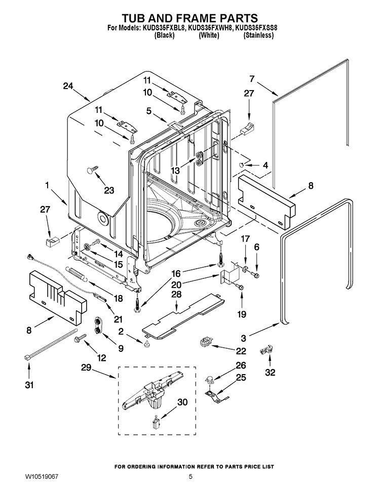 TUB AND FRAME PARTS Diagram and Parts List for KUDS35FXSS8  KitchenAid Dishwasher