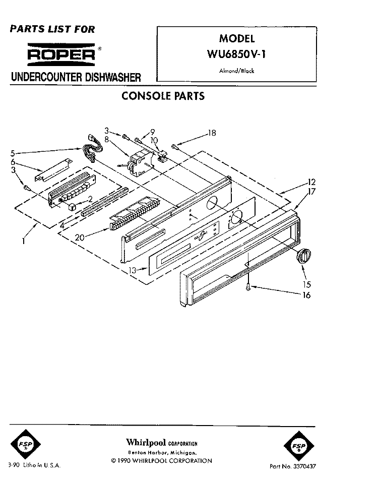 CONSOLE Diagram and Parts List for WU6850V1  Roper Dishwasher
