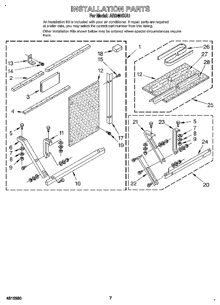 INSTALLATION Diagram and Parts List for AR2400XA1  Whirlpool Air Conditioner
