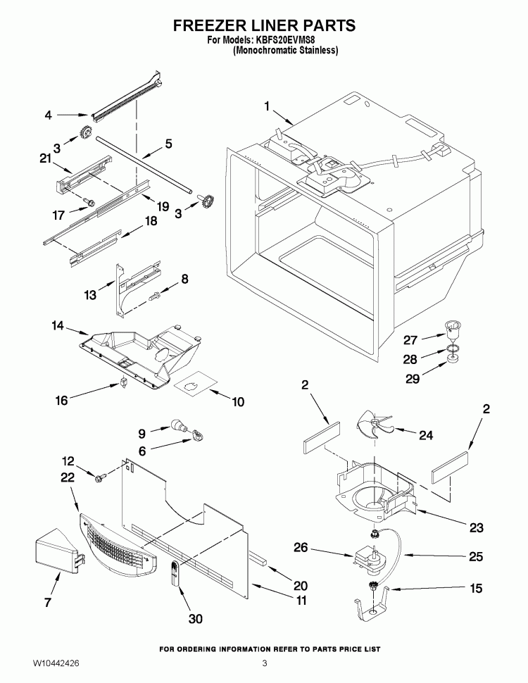 FREEZER LINER PARTS Diagram and Parts List for KBFS20EVMS8  KitchenAid Refrigerator