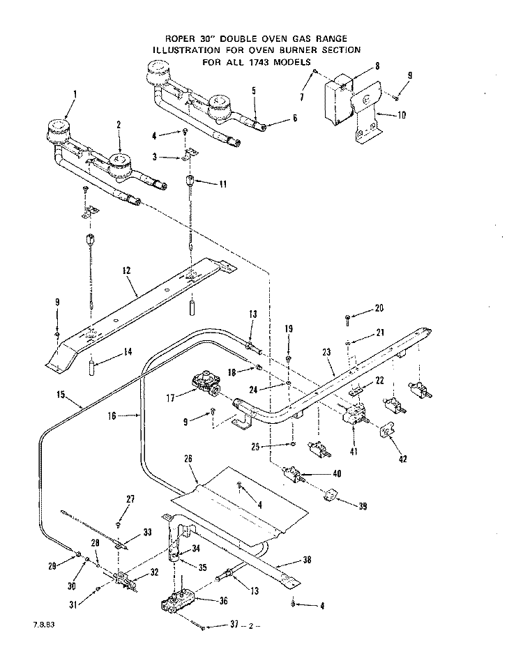OVEN BURNER Diagram and Parts List for 1743W0A  Roper Range