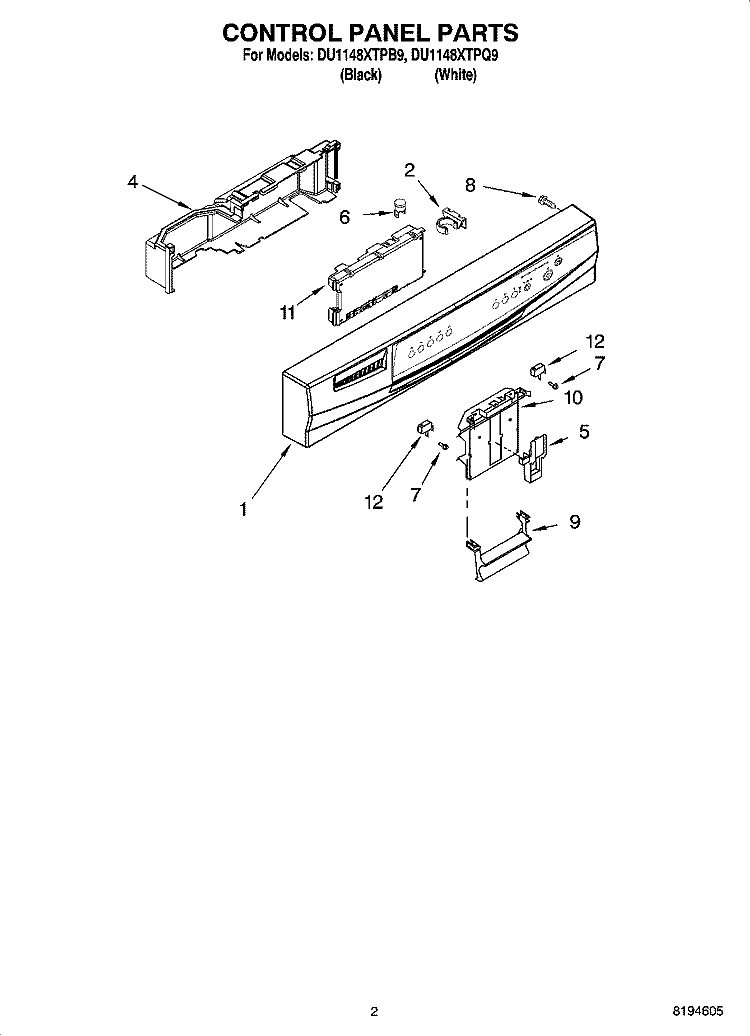 CONTROL PANEL PARTS Diagram and Parts List for DU1148XTPQ9  Whirlpool Dishwasher