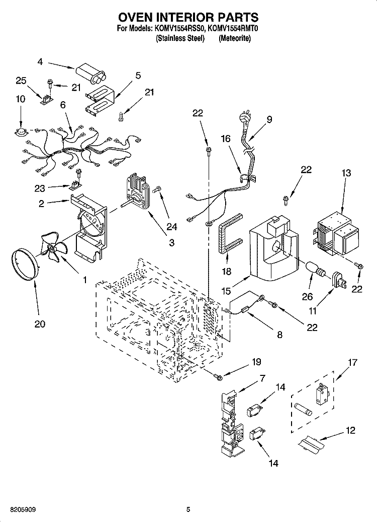 OVEN INTERIOR PARTS Diagram and Parts List for KOMV1554RSS0  KitchenAid Microwave