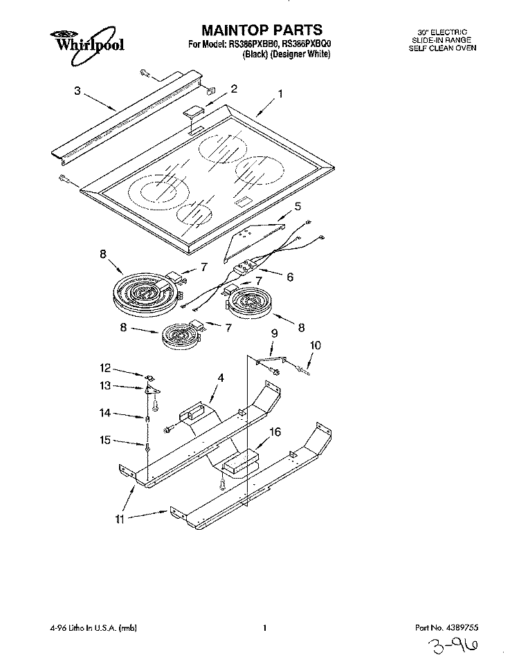MAINTOP Diagram and Parts List for RS386PXBB0  Whirlpool Range