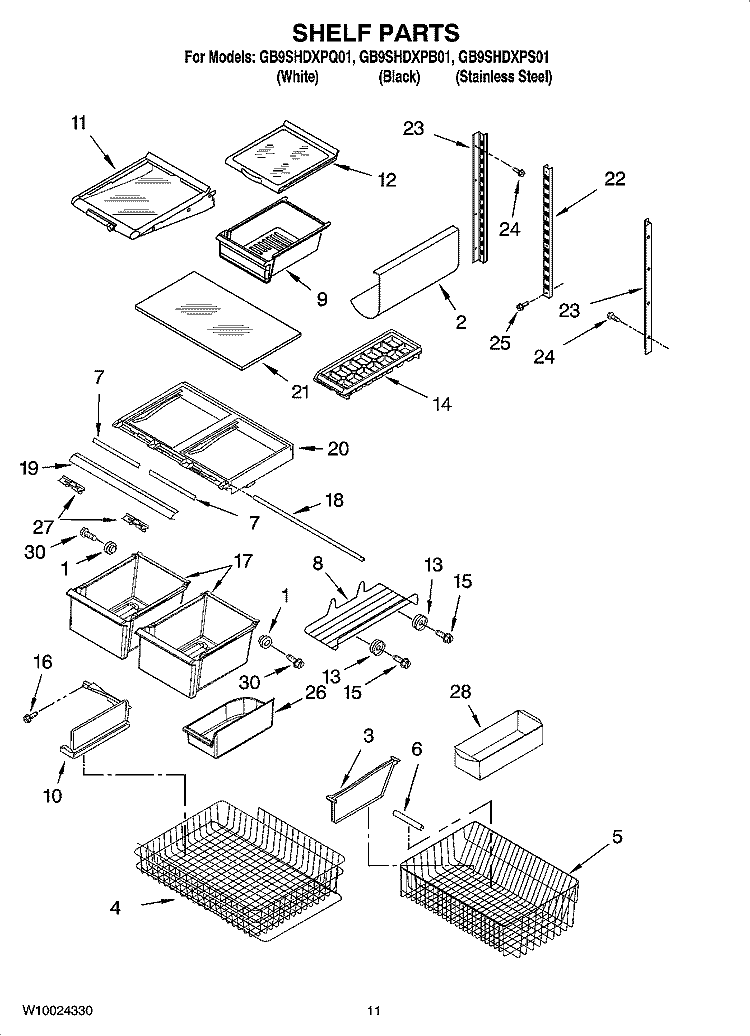 SHELF PARTS, OPTIONAL PARTS Diagram and Parts List for GB9SHDXPQ01  Whirlpool Refrigerator
