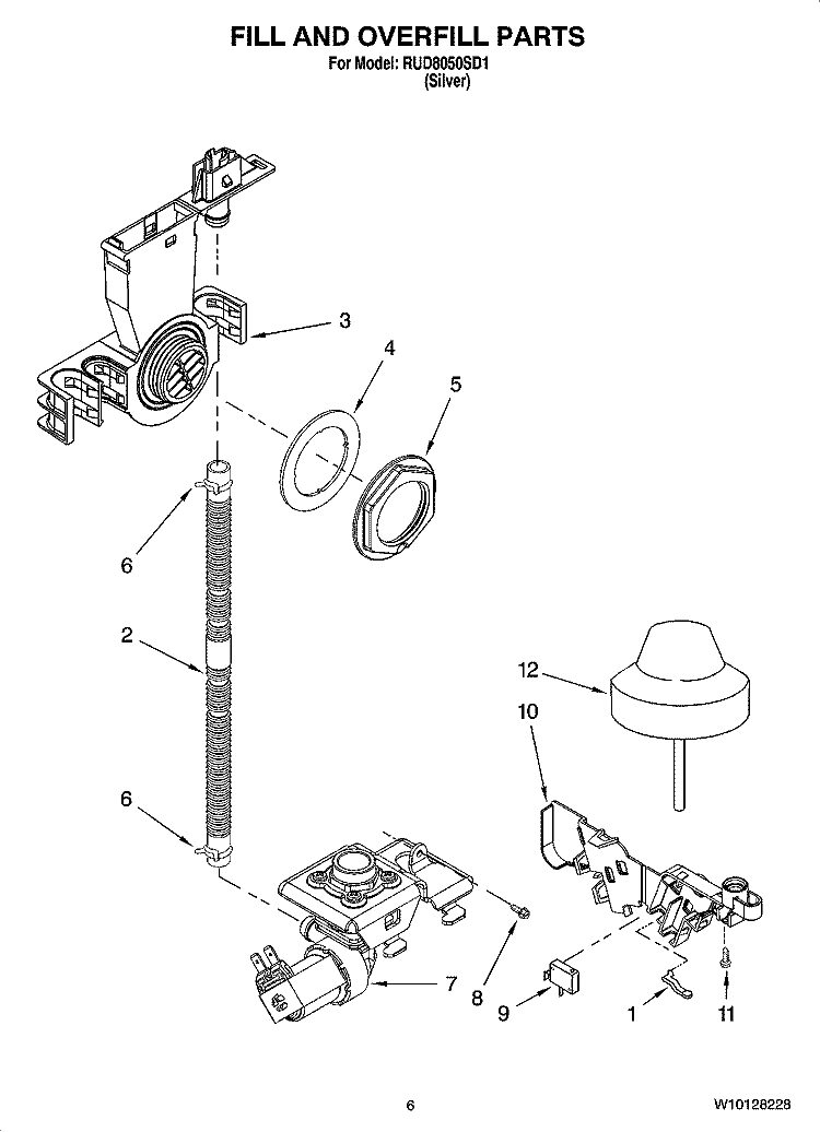 FILL AND OVERFILL PARTS Diagram and Parts List for RUD8050SD1  Roper Dishwasher