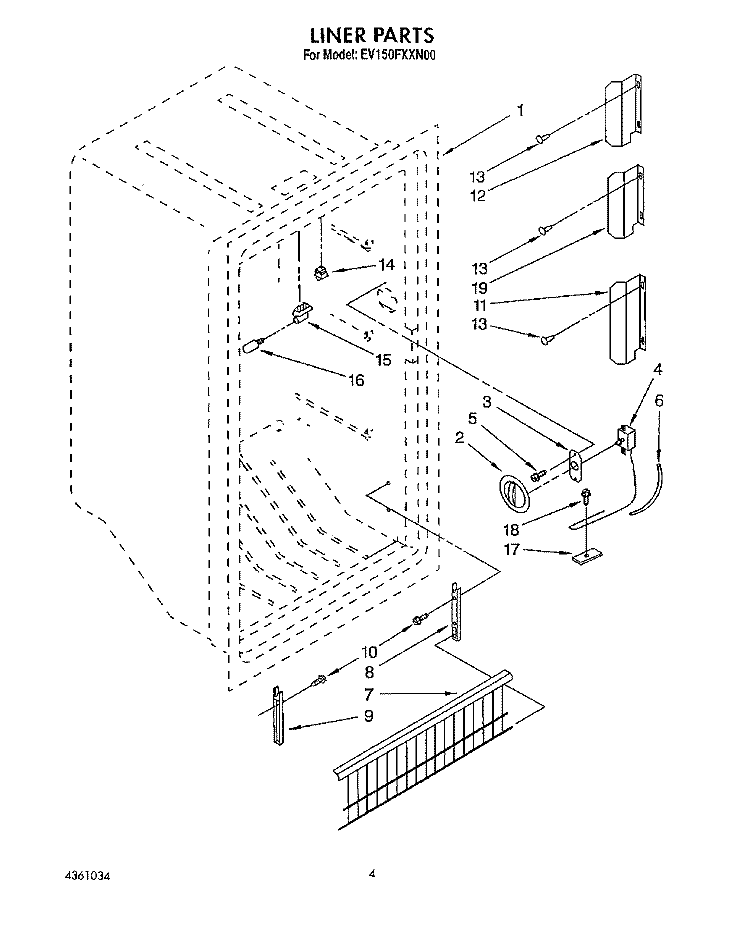 LINER, LIT/OPTIONAL Diagram and Parts List for EV150FXXN00  Whirlpool Freezer