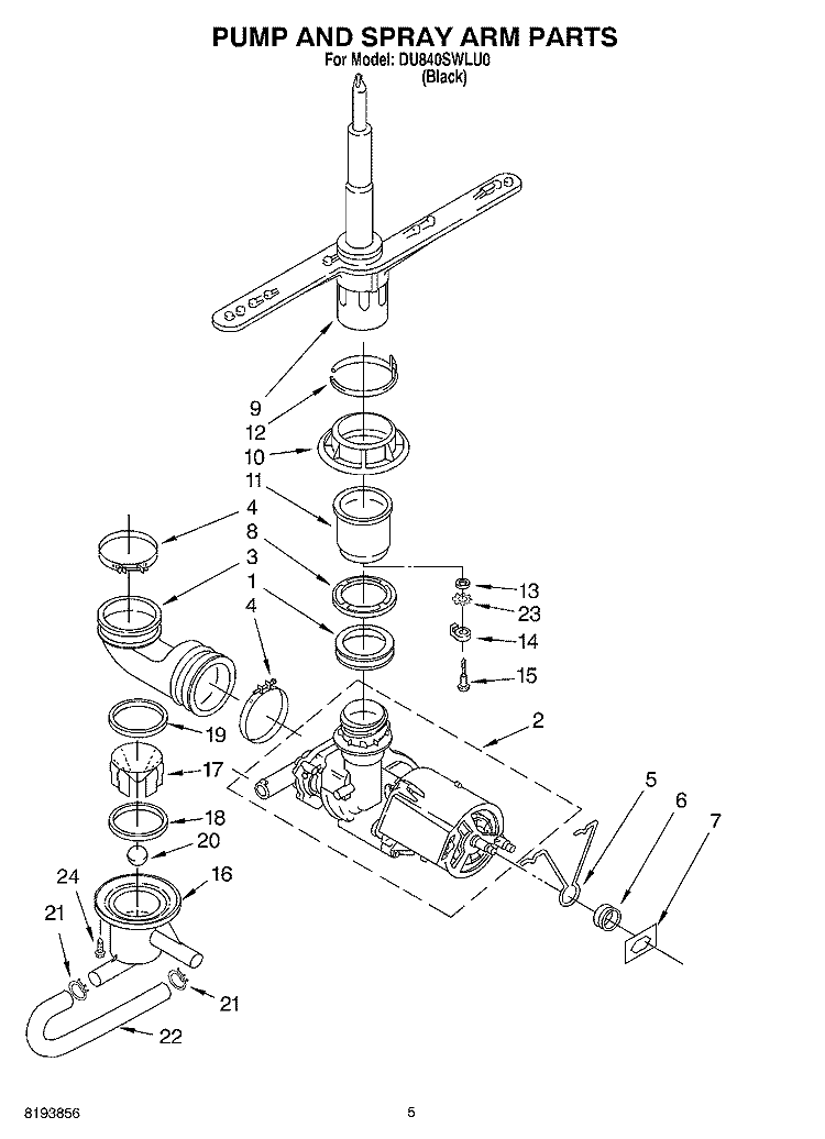 PUMP AND SPRAY ARM PARTS Diagram and Parts List for DU840SWLU0  Whirlpool Dishwasher