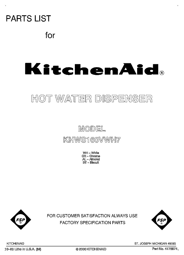 FRONT COVER Diagram and Parts List for KHWS160VWH7  KitchenAid Miscellaneous