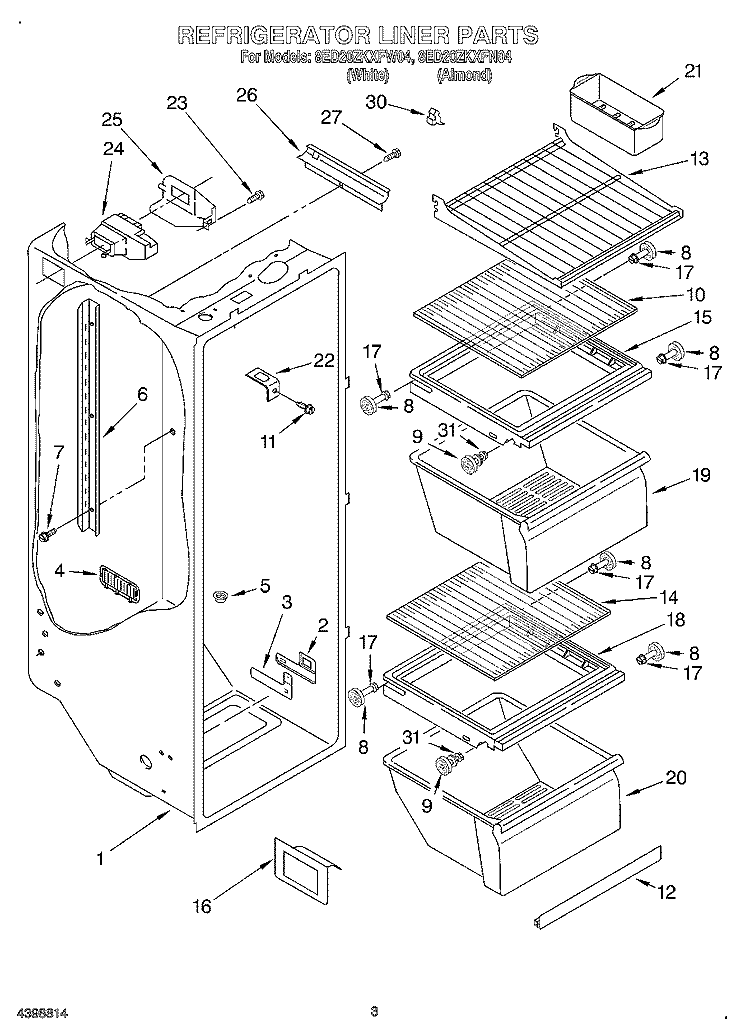 REFRIGERATOR LINER Diagram and Parts List for 8ED20ZKXFW04  Whirlpool Refrigerator