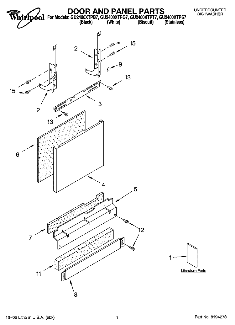 DOOR AND PANEL PARTS Diagram and Parts List for GU2400XTPT7  Whirlpool Dishwasher