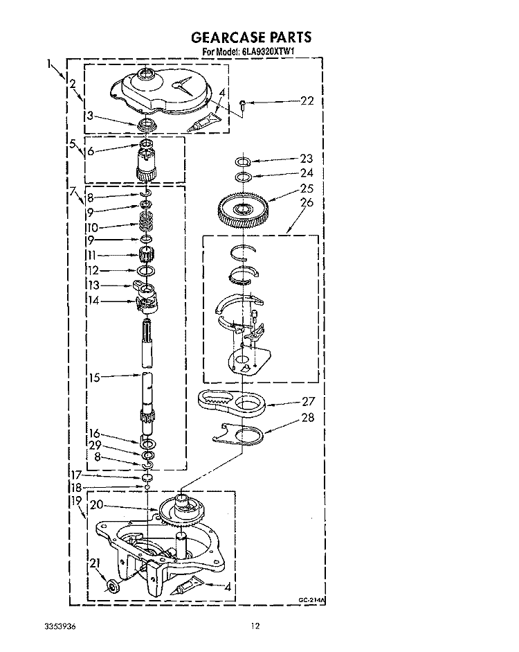 GEARCASE Diagram and Parts List for 6LA9320XTW1  Whirlpool Washer