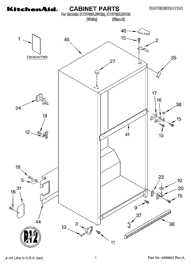 CABINET, LITERATURE Diagram and Parts List for KTRP22KJBT00  KitchenAid Refrigerator