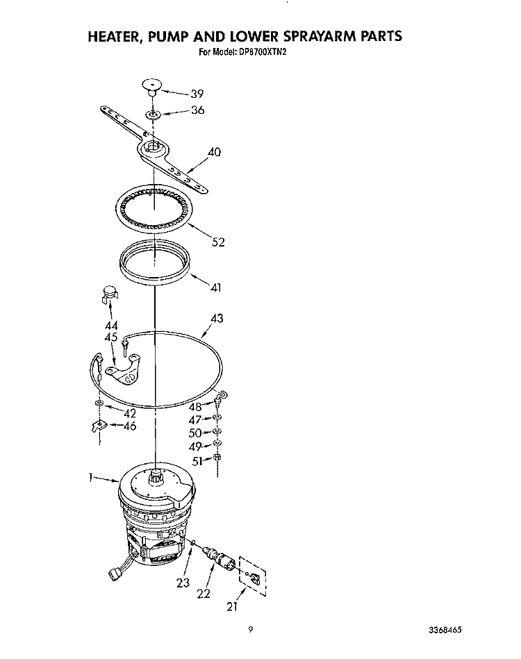 HEATER, PUMP AND LOWER SPRAY ARM Diagram and Parts List for DP8700XTN2  Whirlpool Dishwasher