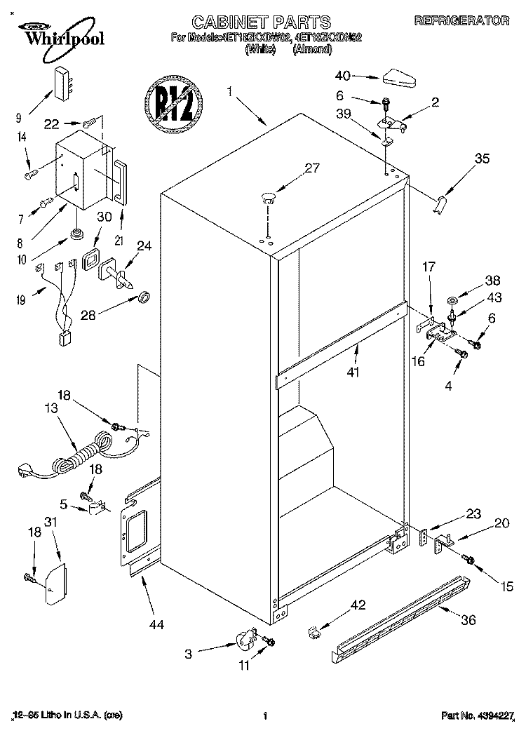 CABINET Diagram and Parts List for 4ET18ZKXDW02  Whirlpool Refrigerator
