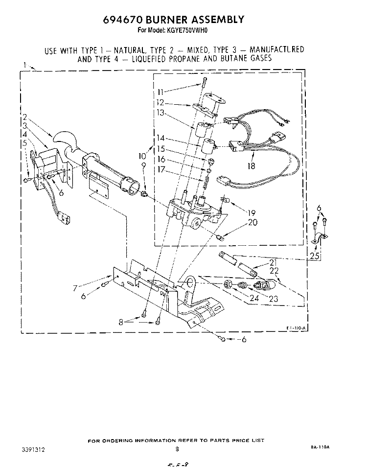 694670 BURNER Diagram and Parts List for KGYE750VHT0  KitchenAid Dryer