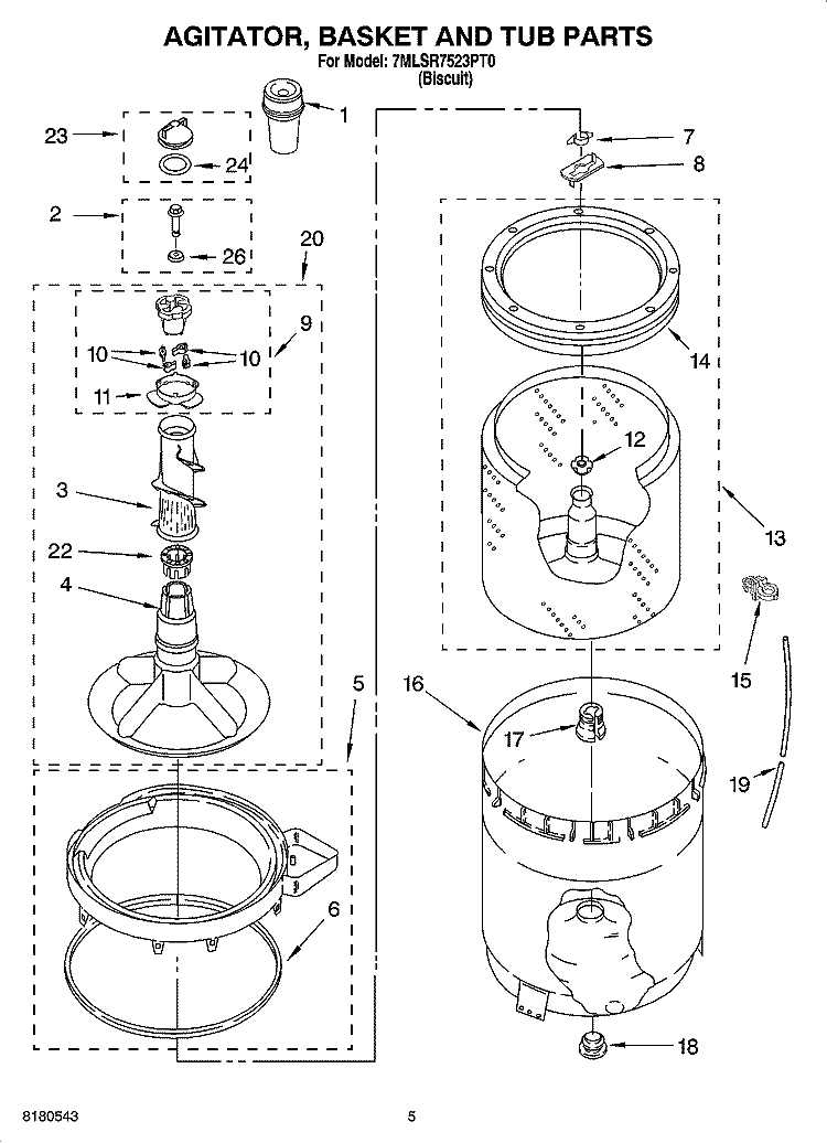 AGITATOR, BASKET AND TUB PARTS Diagram and Parts List for 7MLSR7523PT0  Whirlpool Washer