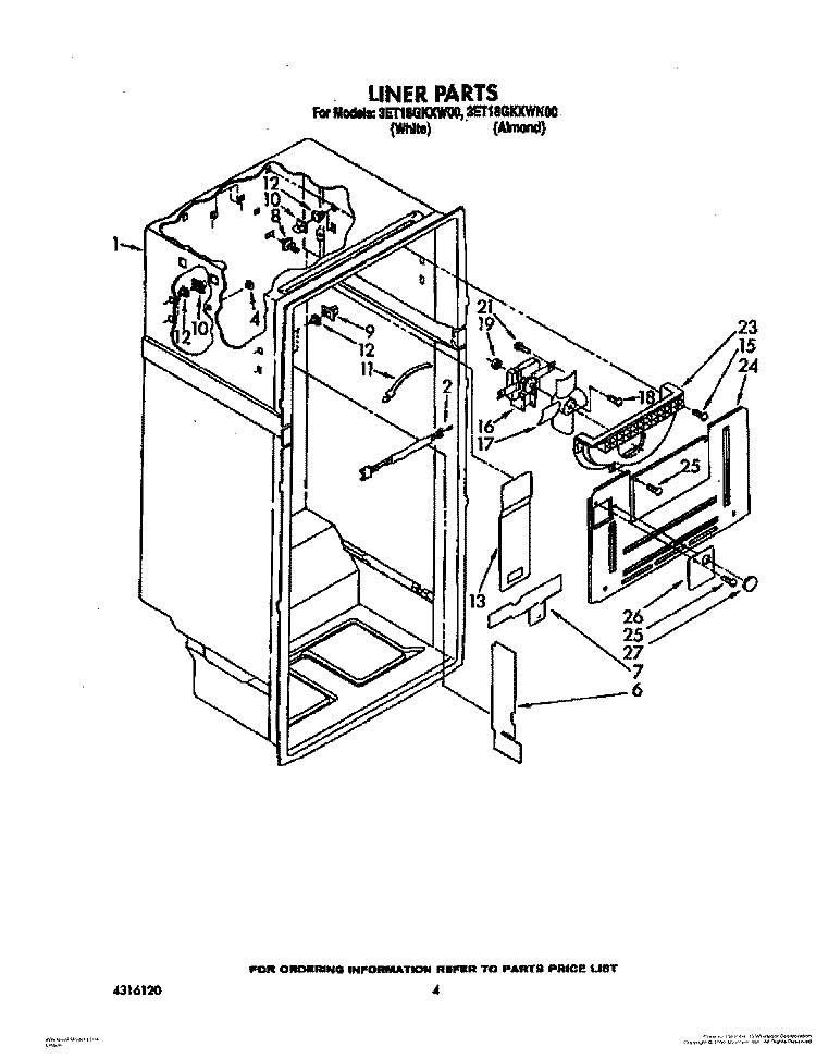 LINER Diagram and Parts List for 3ET18GKXWN00  Whirlpool Refrigerator