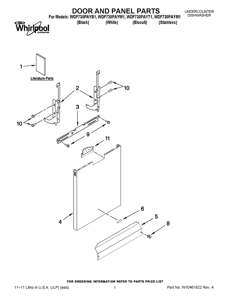 DOOR AND PANEL PARTS Diagram and Parts List for WDF730PAYT1  Whirlpool Dishwasher