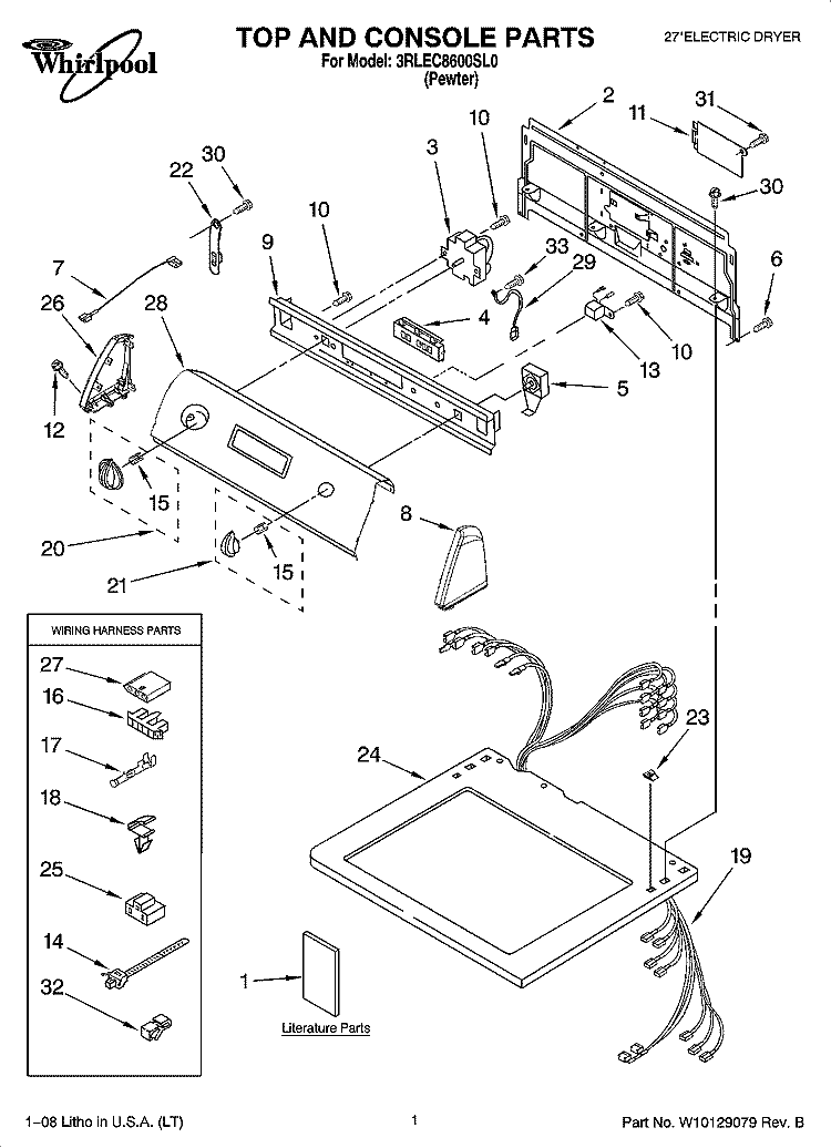 TOP AND CONSOLE PARTS Diagram and Parts List for 3RLEC8600SL0  Whirlpool Dryer