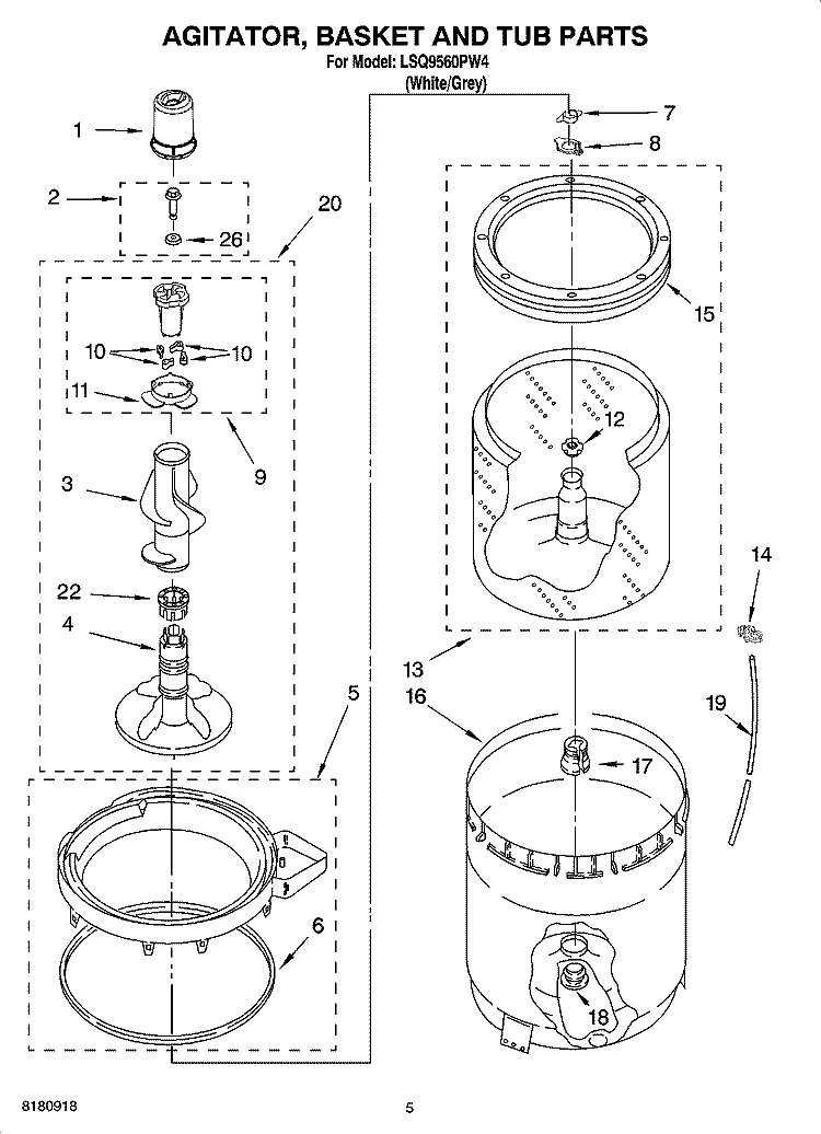 AGITATOR, BASKET AND TUB PARTS Diagram and Parts List for LSQ9560PW4  Whirlpool Washer