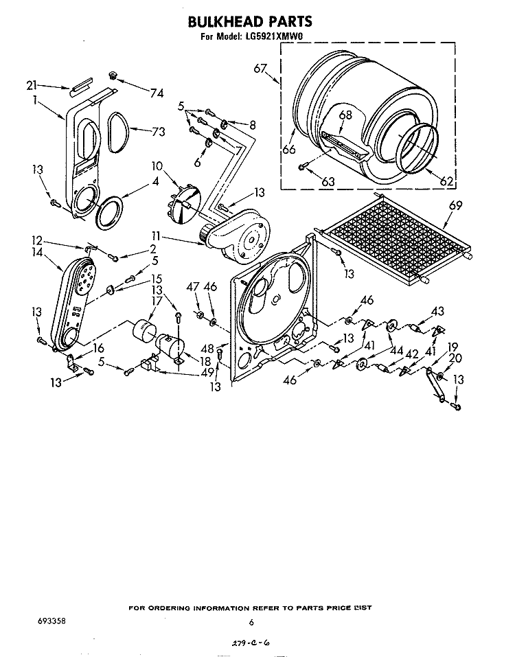 BULKHEAD Diagram and Parts List for LG5921XMW0  Whirlpool Dryer