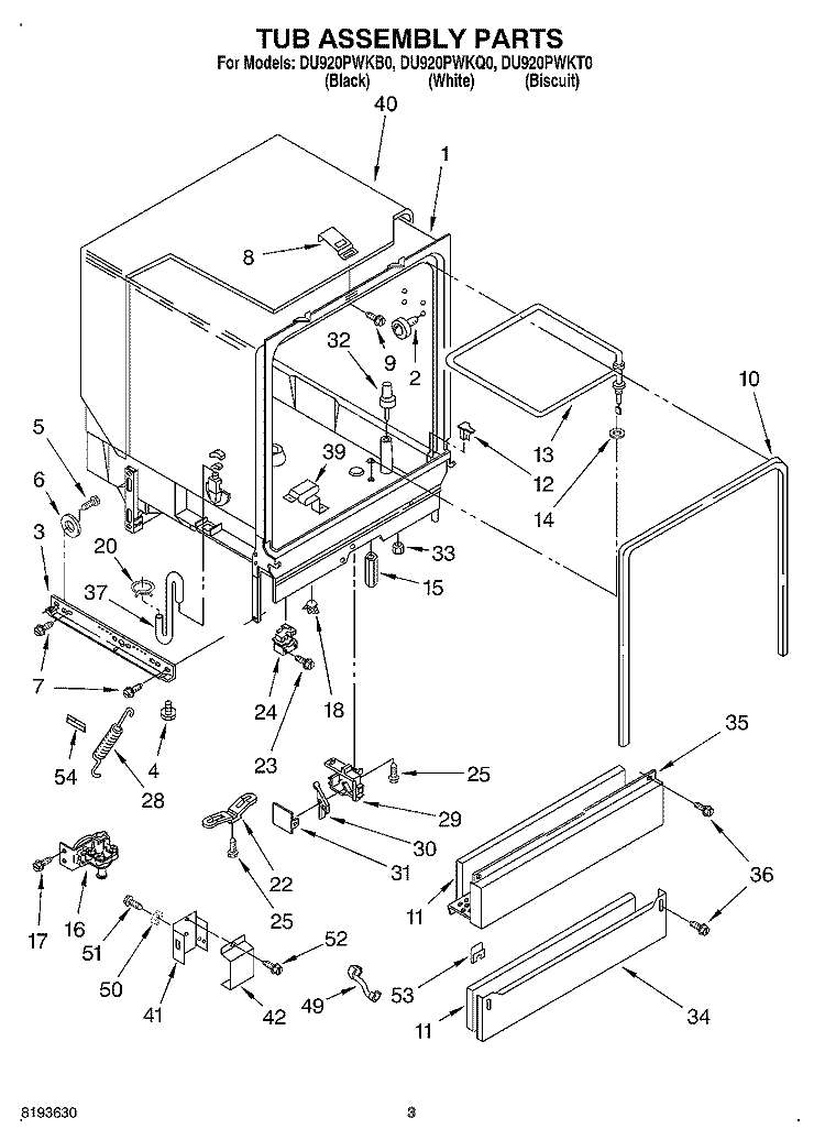 TUB ASSEMBLY Diagram and Parts List for DU920PWKT0  Whirlpool Dishwasher