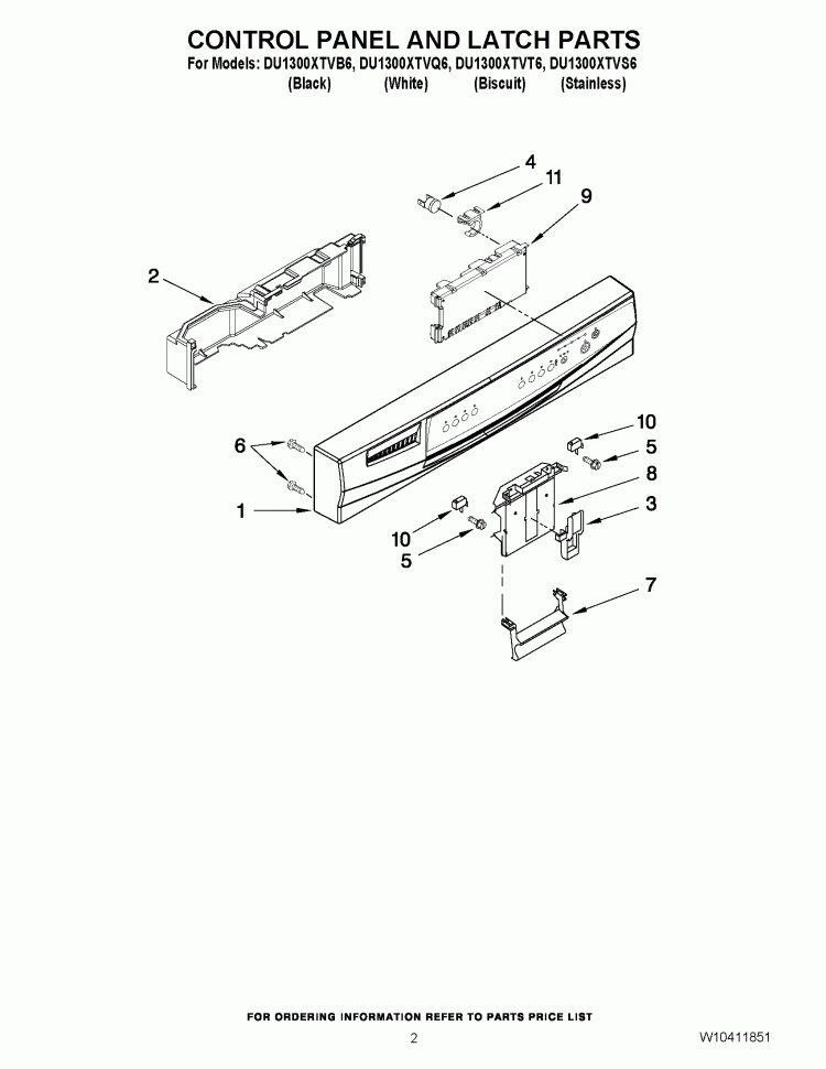 CONTROL PANEL AND LATCH PARTS Diagram and Parts List for DU1300XTVQ6  Whirlpool Dishwasher