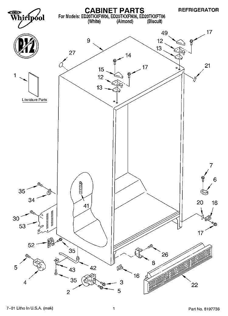 CABINET, LITERATURE Diagram and Parts List for ED20TKXFN06  Whirlpool Refrigerator