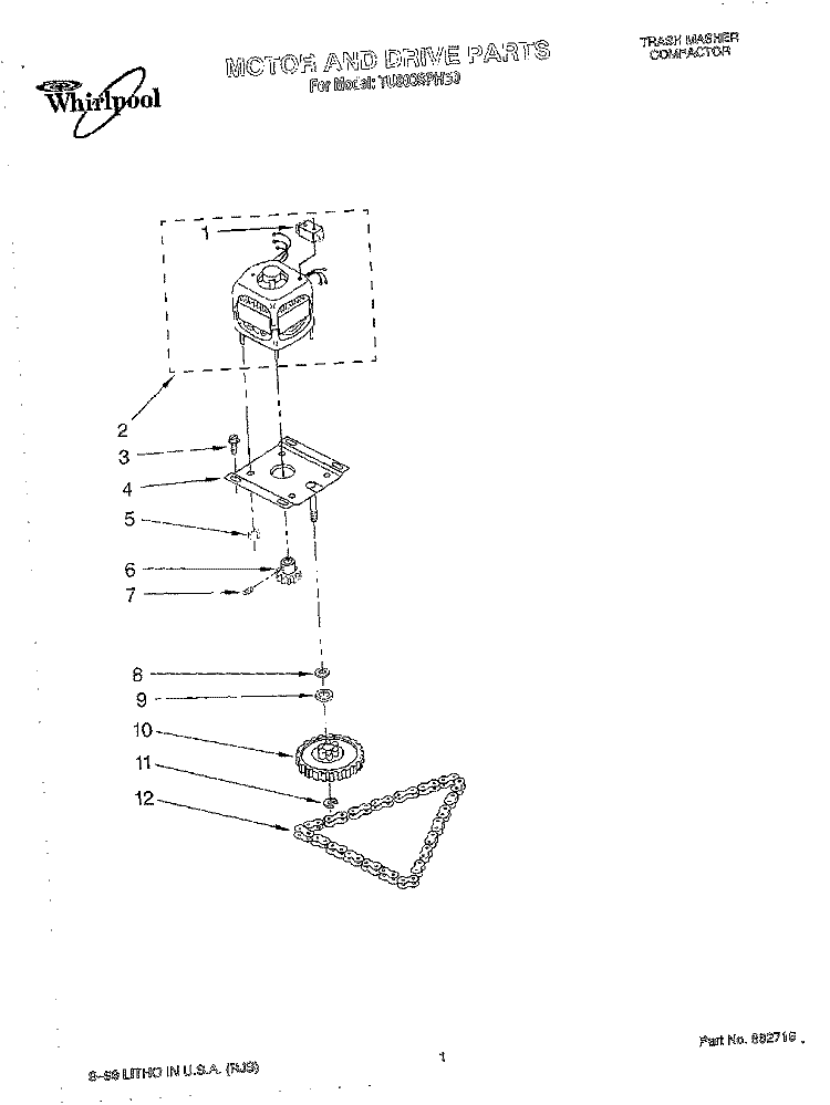 MOTOR AND DRIVE, LIT/OPTIONAL Diagram and Parts List for TU800SPHB0  Whirlpool Trash Compactor