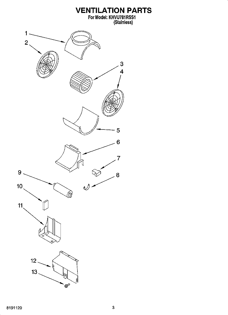 VENTILATION PARTS Diagram and Parts List for KHVU781RSS1  KitchenAid Range Hood