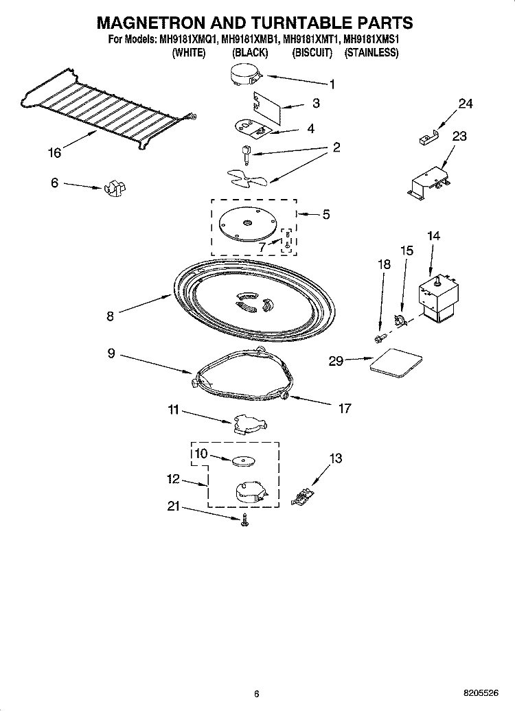 MAGNETRON AND TURNTABLE PARTS Diagram and Parts List for MH9181XMB1  Whirlpool Microwave