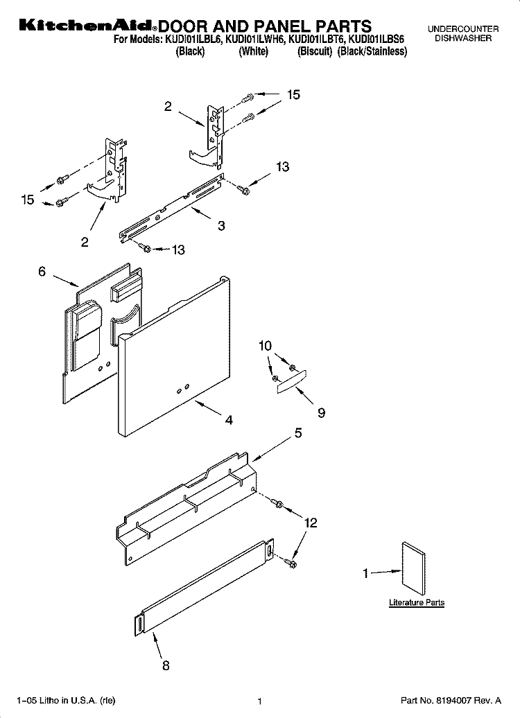 DOOR AND PANEL PARTS Diagram and Parts List for KUDI01ILBS6  KitchenAid Dishwasher