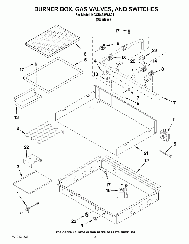 BURNER BOX, GAS VALVES, AND SWITCHES Diagram and Parts List for KGCU463VSS01  KitchenAid Cooktop