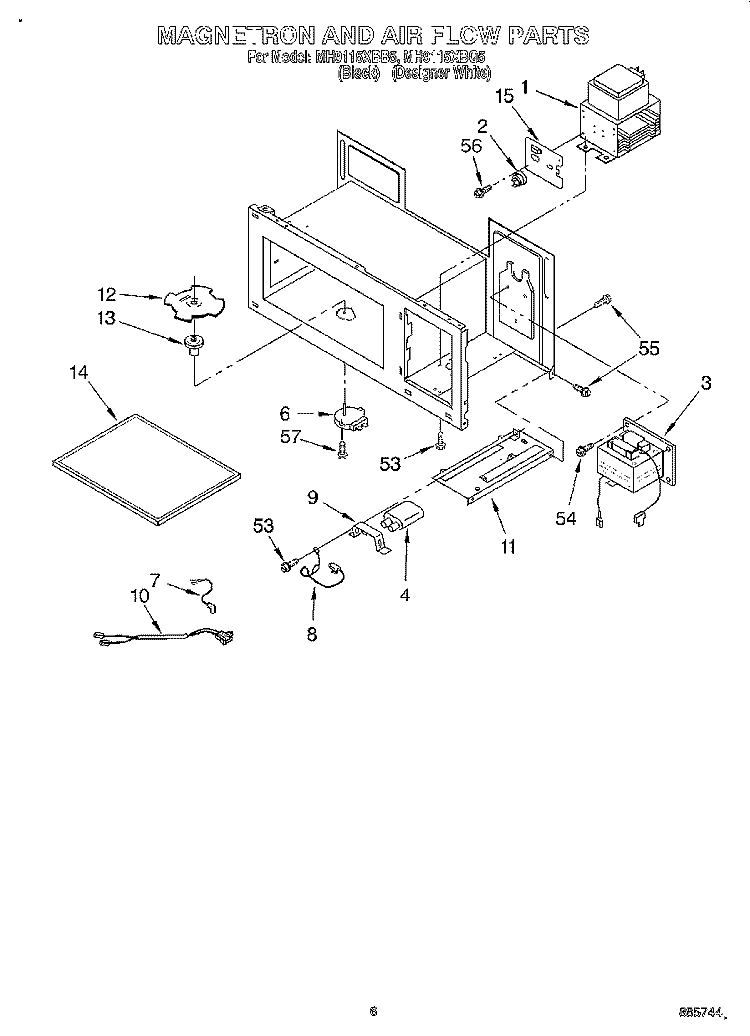 MAGNETRON AND AIR FLOW Diagram and Parts List for MH9115XBQ5  Whirlpool Microwave