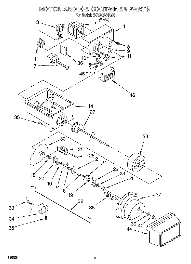 MOTOR AND ICE CONTAINER Diagram and Parts List for 3XARG488G01  Whirlpool Refrigerator