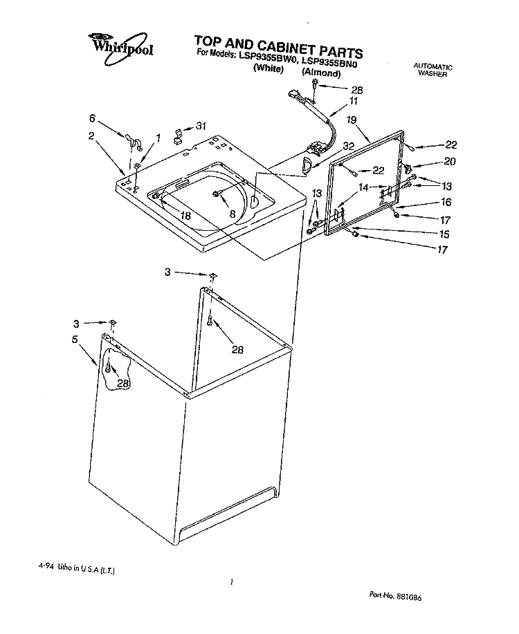 TOP AND CABINET, LIT/OPTIONAL Diagram and Parts List for LSP9355BW0  Whirlpool Washer
