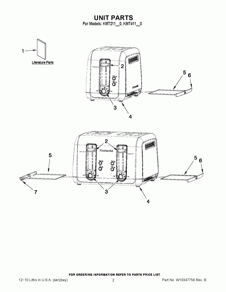 UNIT PARTS Diagram and Parts List for KMT211CU0  KitchenAid Toaster