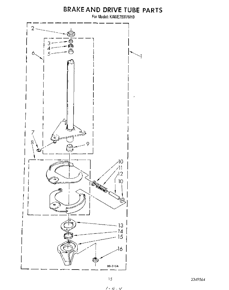 BRAKE AND DRIVE TUBE Diagram and Parts List for KAWE750VAL0  Whirlpool Washer