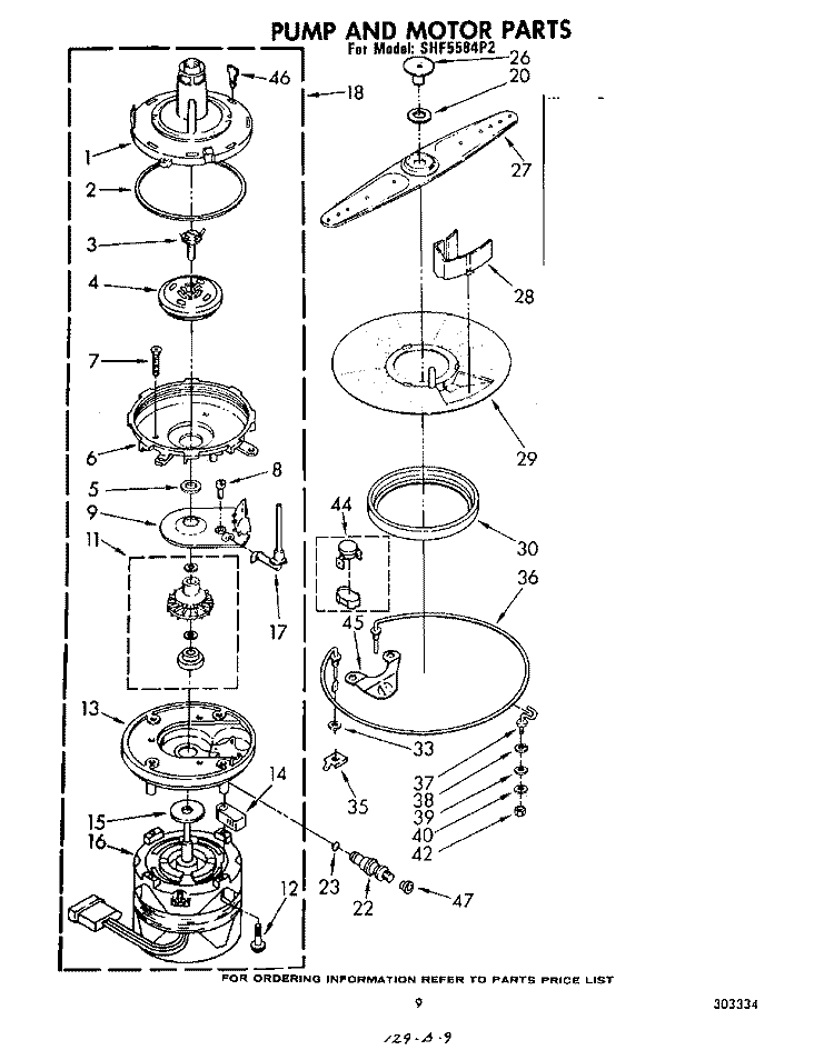 PUMP AND MOTOR Diagram and Parts List for SHF5584P2  Whirlpool Dishwasher