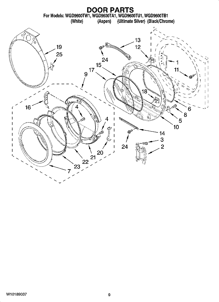 DOOR PARTS, OPTIONAL PARTS (NOT INCLUDED) Diagram and Parts List for WGD9600TB1  Whirlpool Dryer
