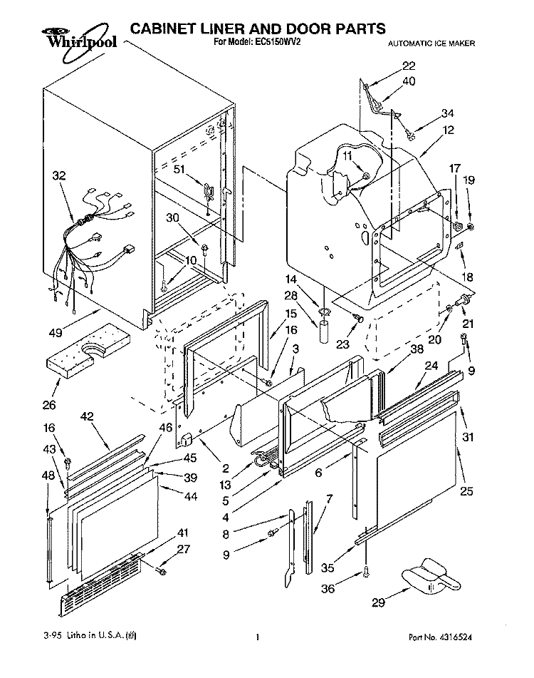 CABINET LINER AND DOOR, LITERATURE Diagram and Parts List for EC5150WV2  Whirlpool Ice Maker