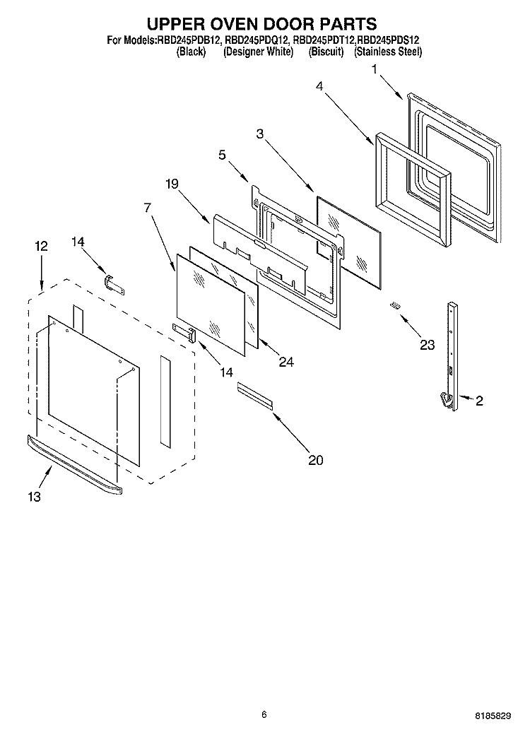 UPPER OVEN DOOR Diagram and Parts List for RBD245PDS12  Whirlpool Wall Oven