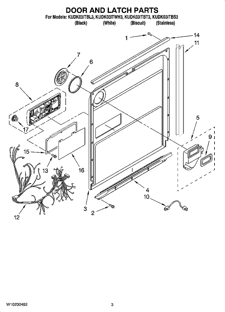 DOOR AND LATCH PARTS Diagram and Parts List for KUDK03ITBT3  KitchenAid Dishwasher