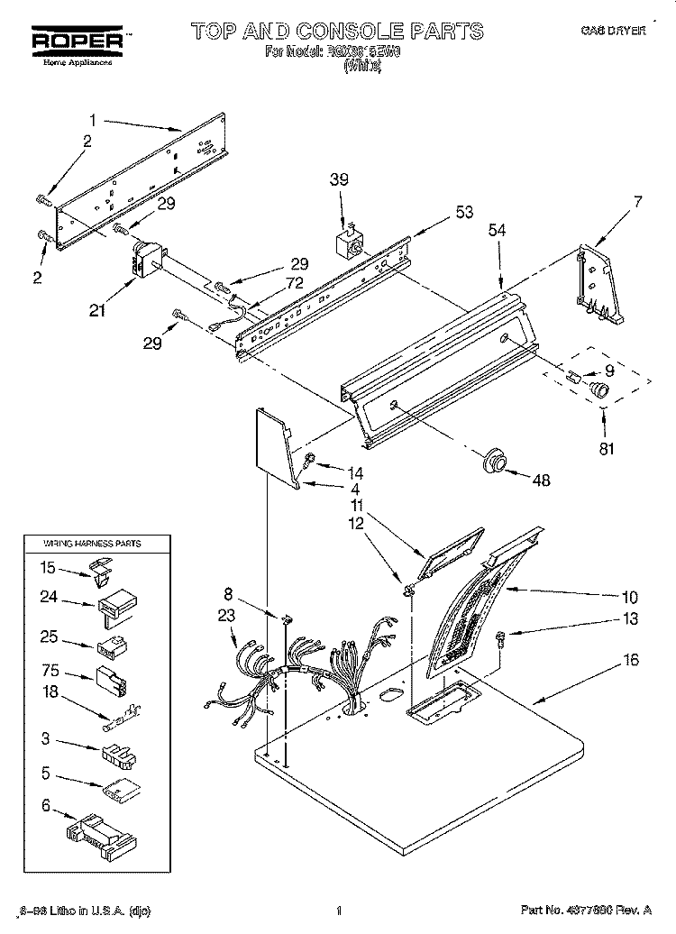 TOP AND CONSOLE, LIT/OPTIONAL Diagram and Parts List for RGX3615EW0  Roper Dryer