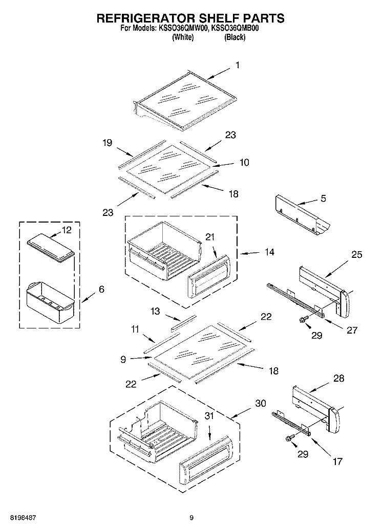REFRIGERATOR SHELF PARTS Diagram and Parts List for KSSO36QMB00  KitchenAid Refrigerator