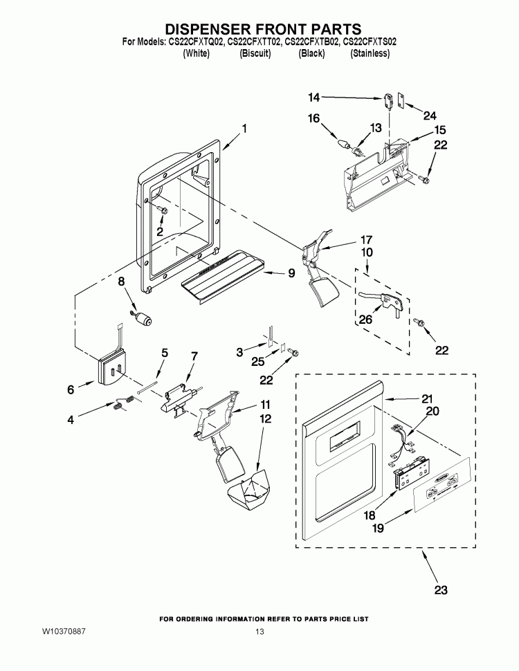 DISPENSER FRONT PARTS Diagram and Parts List for CS22CFXTS02  Crosley Refrigerator