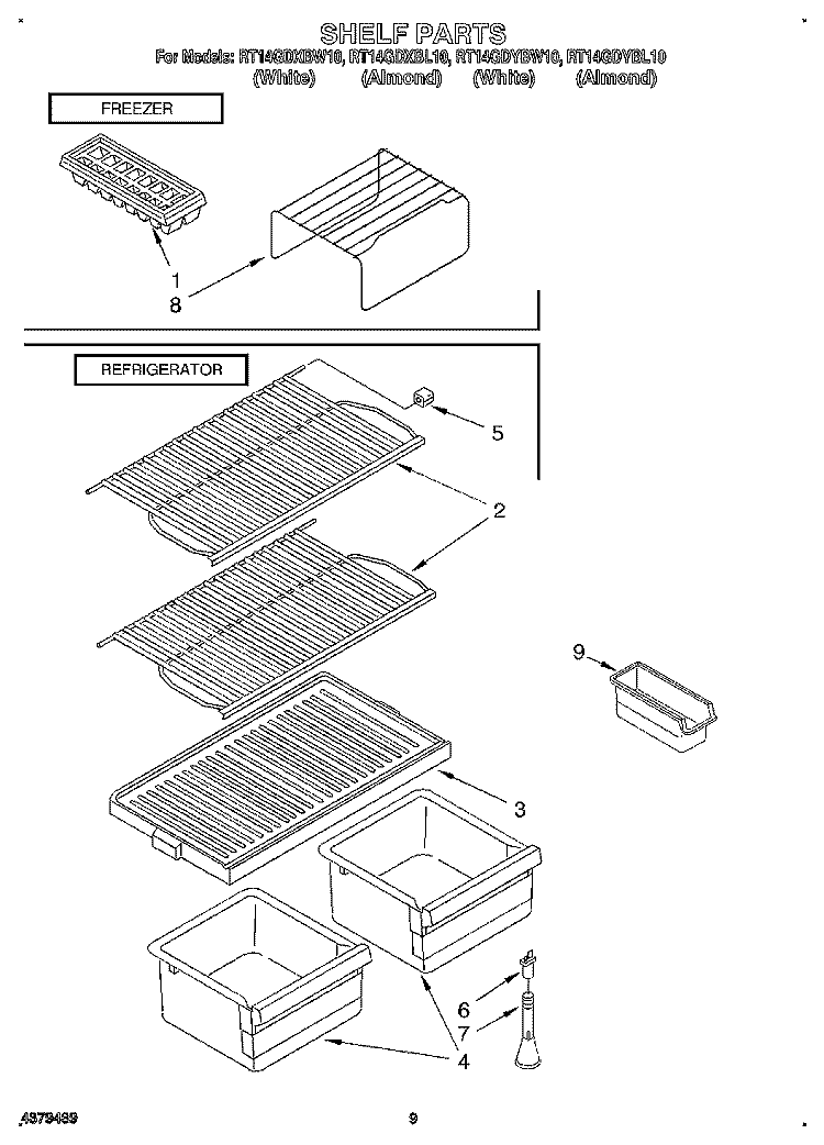 SHELF Diagram and Parts List for RT14GDXBW10  Roper Refrigerator